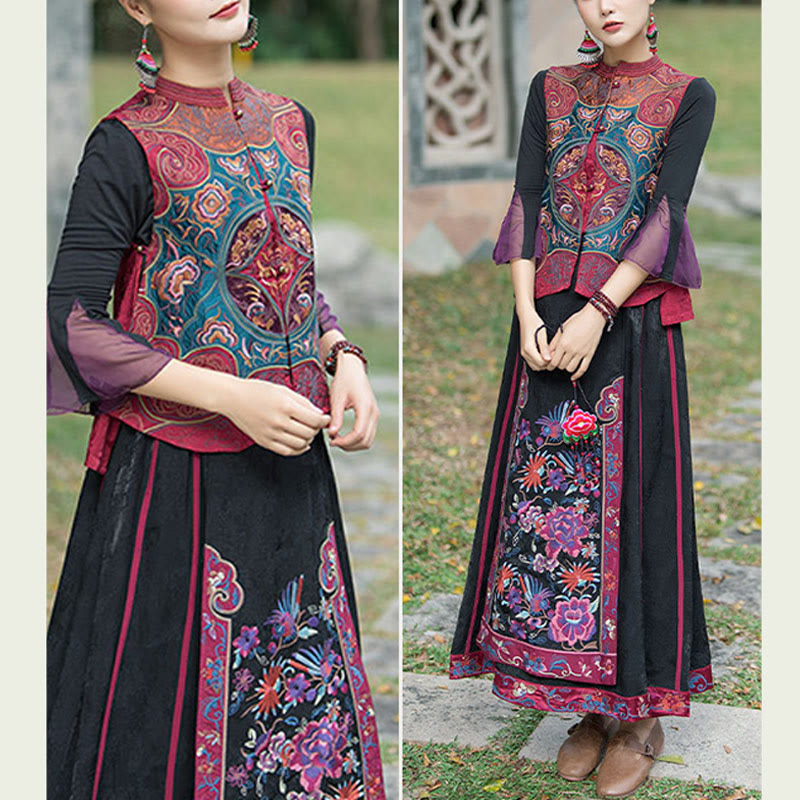 Buddha Stones Vintage Style Embroidery Flower Tang Suit Design Sleeveless Vest - image 22