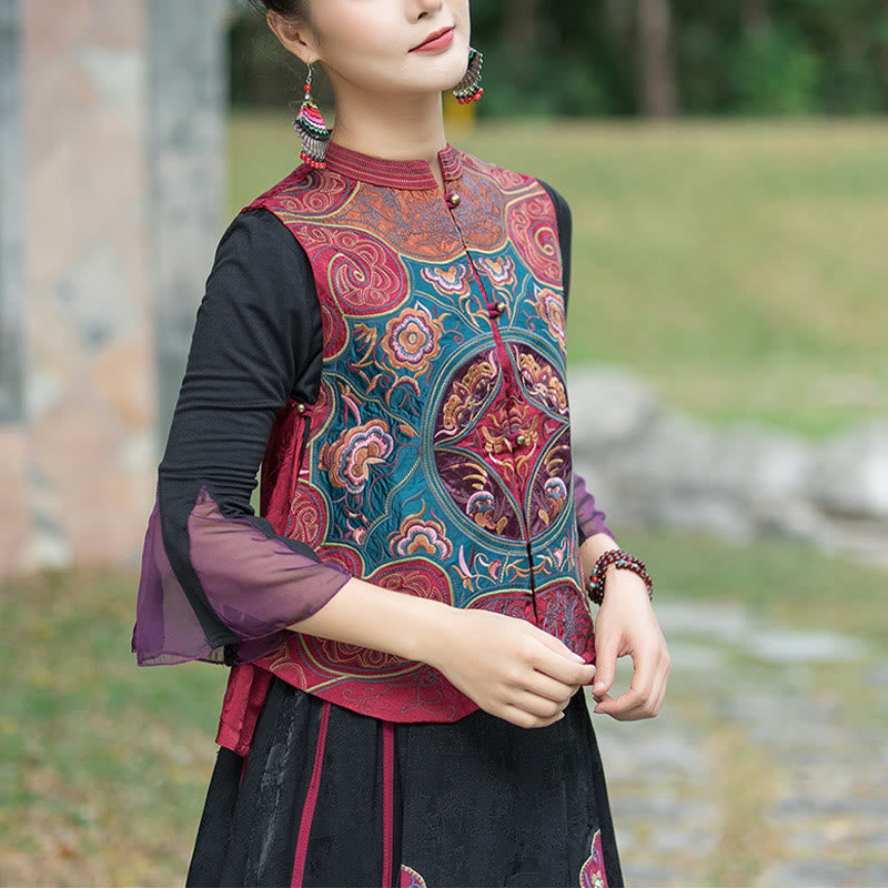 Buddha Stones Vintage Style Embroidery Flower Tang Suit Design Sleeveless Vest - image 19