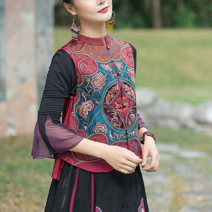 Buddha Stones Vintage Style Embroidery Flower Tang Suit Design Sleeveless Vest - image 19