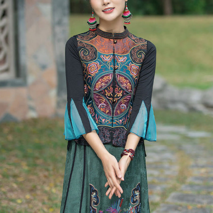Buddha Stones Vintage Style Embroidery Flower Tang Suit Design Sleeveless Vest - Black(Vest Only) - 2XL(Bust 100cm/Shoulder 40cm/Length 59cm) - image 10