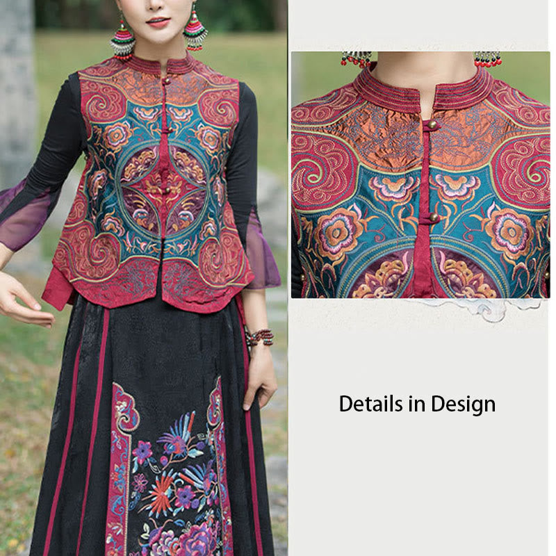 Buddha Stones Vintage Style Embroidery Flower Tang Suit Design Sleeveless Vest - image 26
