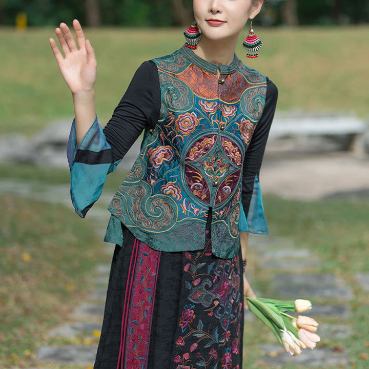 Buddha Stones Vintage Style Embroidery Flower Tang Suit Design Sleeveless Vest - image 6
