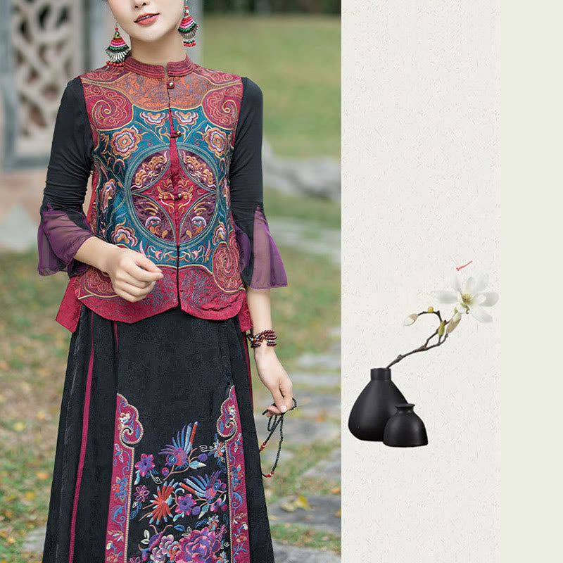Buddha Stones Vintage Style Embroidery Flower Tang Suit Design Sleeveless Vest - image 28
