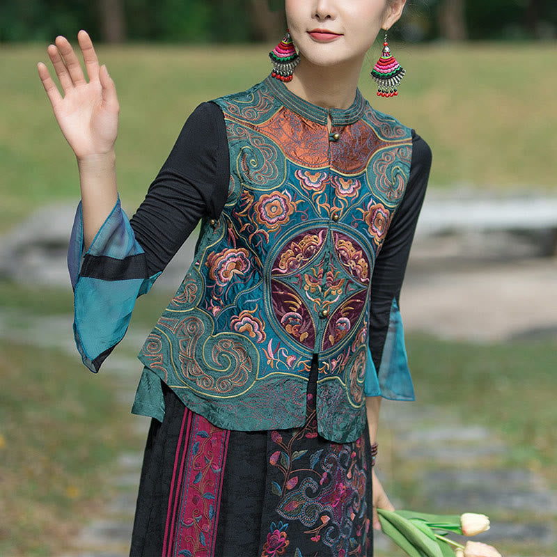 Buddha Stones Vintage Style Embroidery Flower Tang Suit Design Sleeveless Vest - image 2