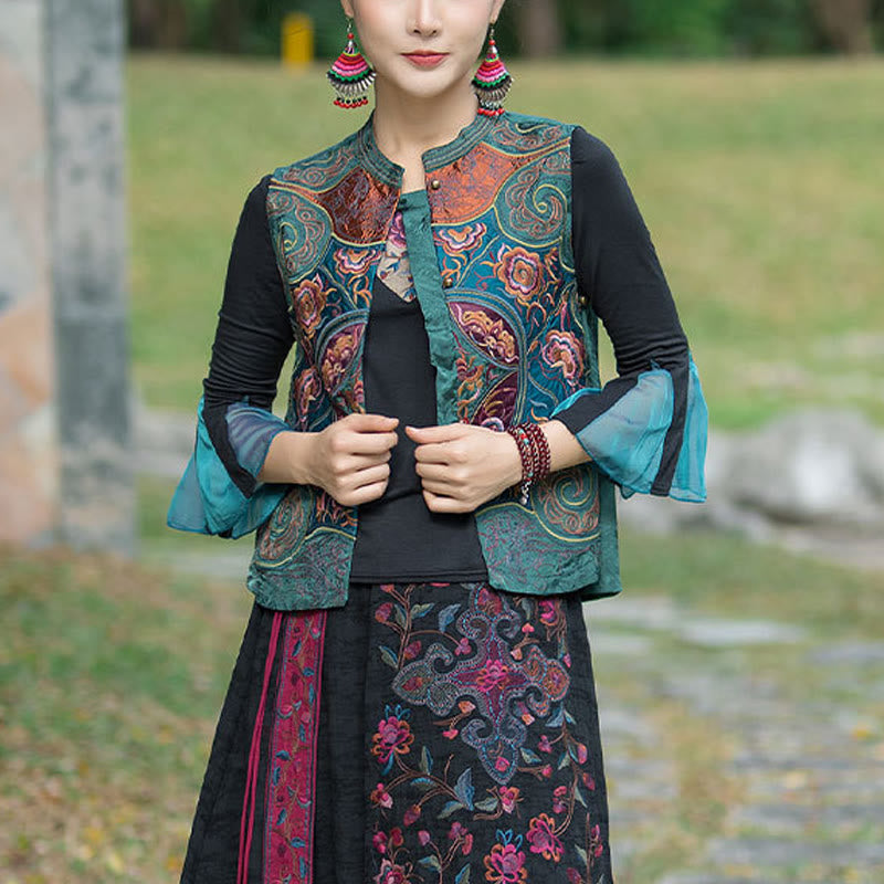 Buddha Stones Vintage Style Embroidery Flower Tang Suit Design Sleeveless Vest - Green(Vest Only) - 2XL(Bust 100cm/Shoulder 40cm/Length 59cm) - image 1