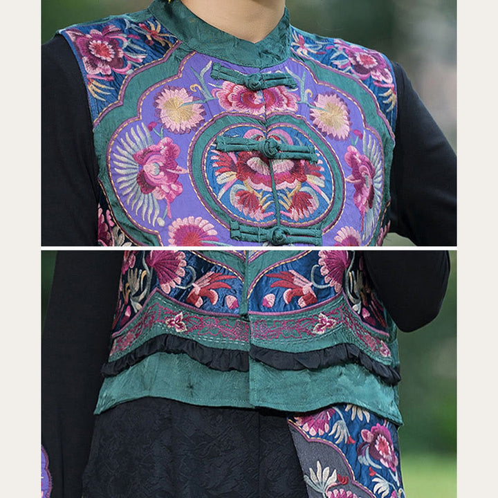 Buddha Stones Frog-Button Embroidery Flowers Cotton Linen Tang Suit Design Sleeveless Vest - image 8
