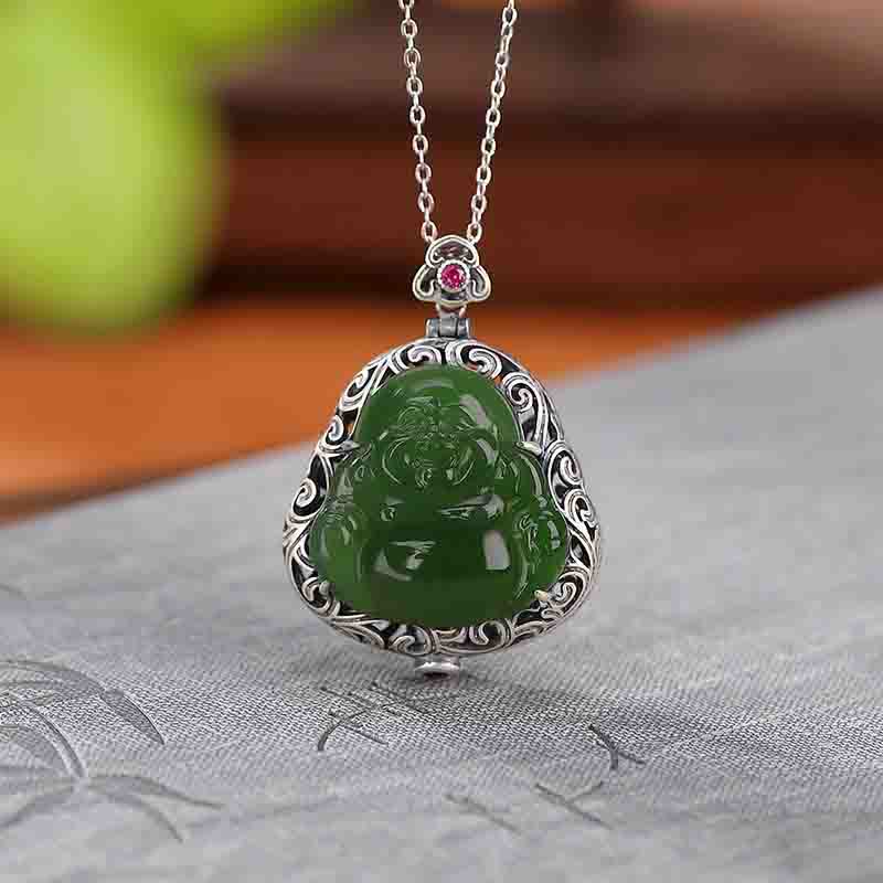 Buddha Stones 925 Sterling Silver Natural Hetian Cyan Jade Laughing Buddha Auspicious Clouds Success Necklace Pendant Ring Set