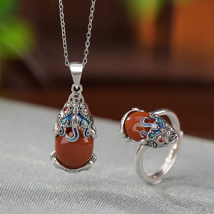 Buddha Stones 925 Sterling Silver Red Agate Copper Coins PiXiu Protection Ring Necklace Pendant Set