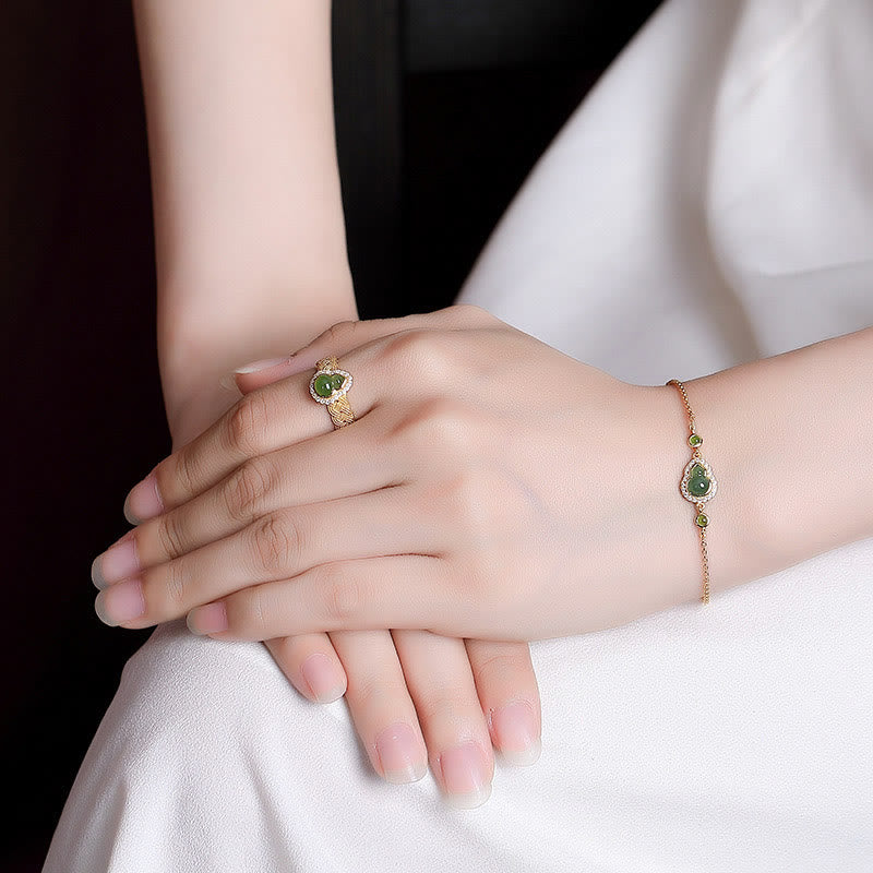 Buddha Stones 925 Sterling Silver Plated Gold Natural Hetian Cyan Jade Gourd Luck Bracelet Ring Set - image 2