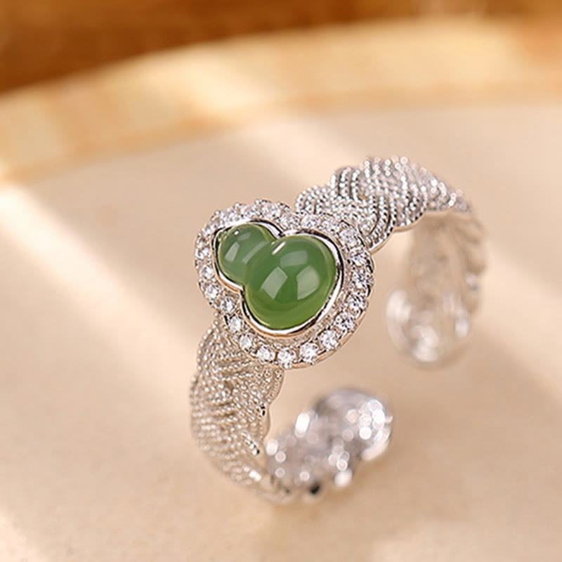 Buddha Stones 925 Sterling Silver Plated Gold Natural Hetian Cyan Jade Gourd Luck Bracelet Ring Set - image 10