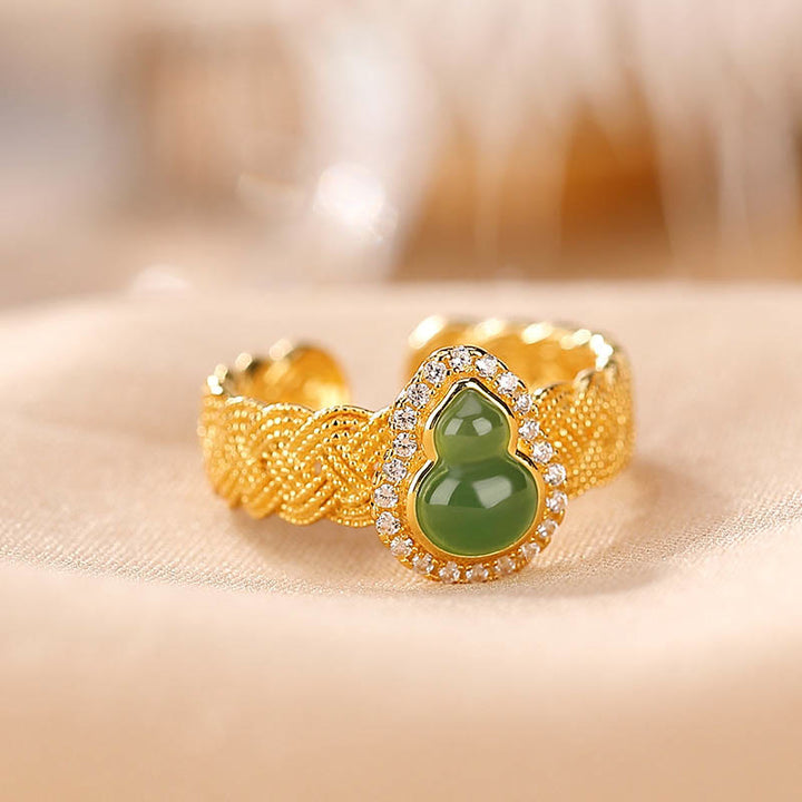 Buddha Stones 925 Sterling Silver Plated Gold Natural Hetian Cyan Jade Gourd Luck Bracelet Ring Set - 925 Sterling Silver Plated Gold - Ring(Inner Perimeter 54-60mm Adjustable) - image 3