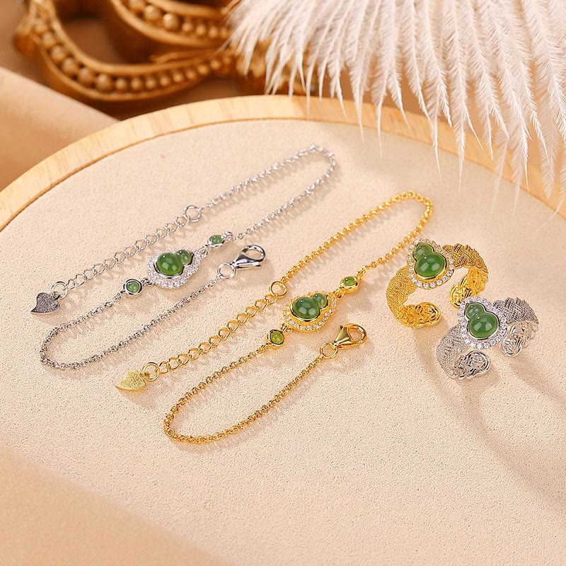 Buddha Stones 925 Sterling Silver Plated Gold Natural Hetian Cyan Jade Gourd Luck Bracelet Ring Set - image 1