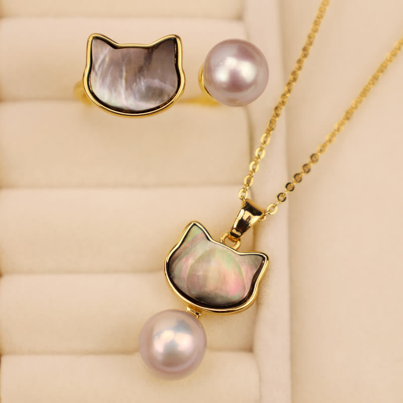 Buddha Stones Natural Pearl Copper Cat Healing Necklace Pendant Earrings - image 1