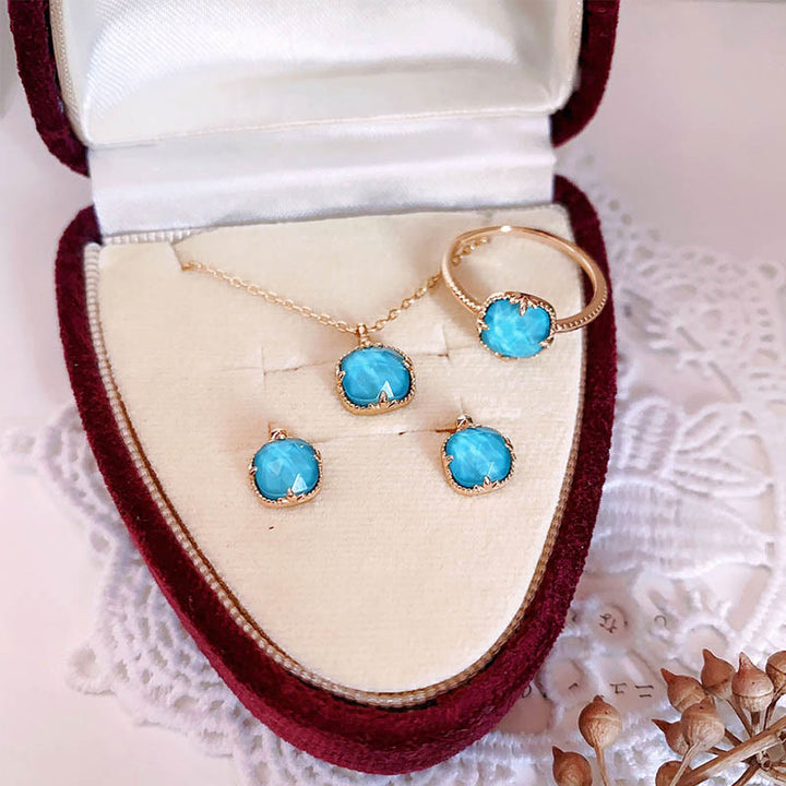 Buddha Stones 925 Sterling Silver Plated Gold Turquoise Protection Ring Earrings Necklace Pendant Set