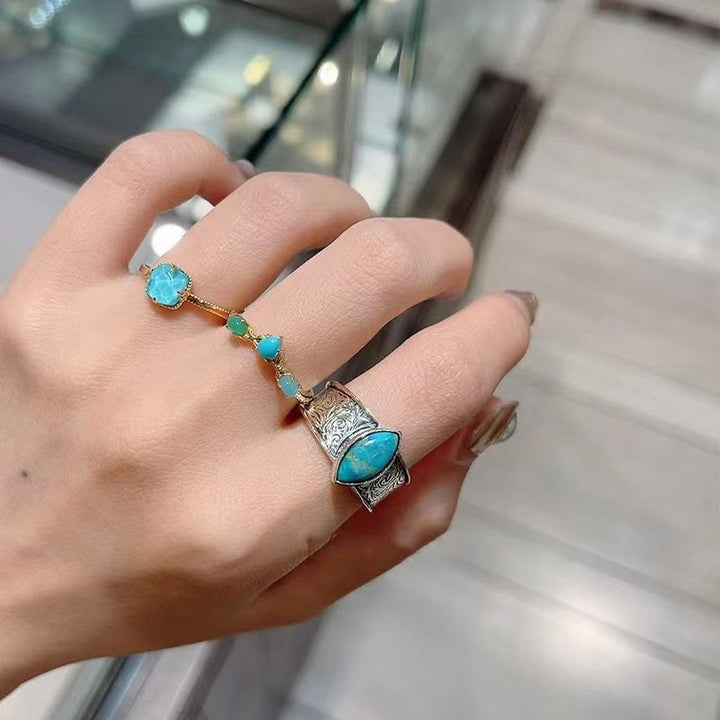 Buddha Stones 925 Sterling Silver Plated Gold Turquoise Protection Ring Earrings Necklace Pendant Set