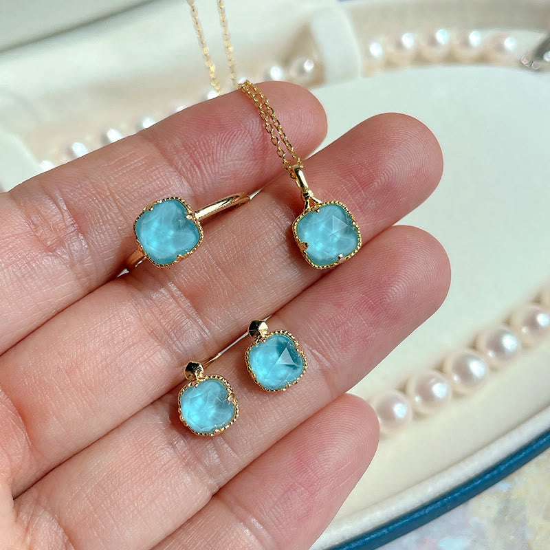 Buddha Stones 925 Sterling Silver Plated Gold Turquoise Protection Ring Earrings Necklace Pendant Set