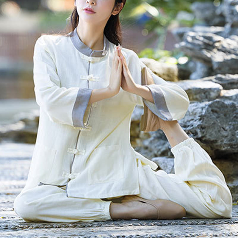 Buddha Stones 2Pcs Frog-Button Long Sleeve Shirt Top Pants Meditation Zen Tai Chi Cotton Linen Clothing Women's Set - image 1