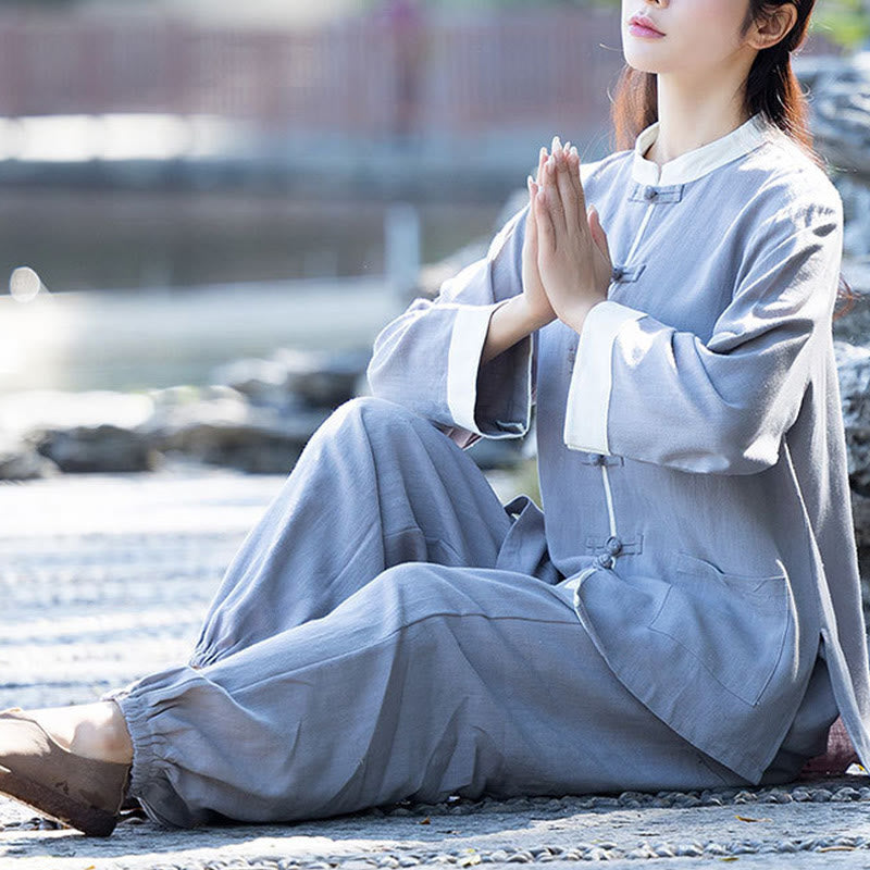 Buddha Stones 2Pcs Frog-Button Long Sleeve Shirt Top Pants Meditation Zen Tai Chi Cotton Linen Clothing Women's Set - image 7