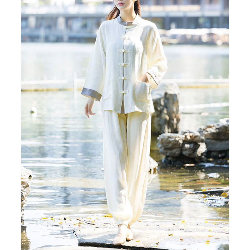 Buddha Stones 2Pcs Frog-Button Long Sleeve Shirt Top Pants Meditation Zen Tai Chi Cotton Linen Clothing Women's Set - image 4