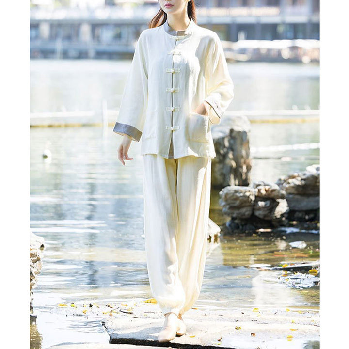 Buddha Stones 2Pcs Frog-Button Long Sleeve Shirt Top Pants Meditation Zen Tai Chi Cotton Linen Clothing Women's Set - image 4