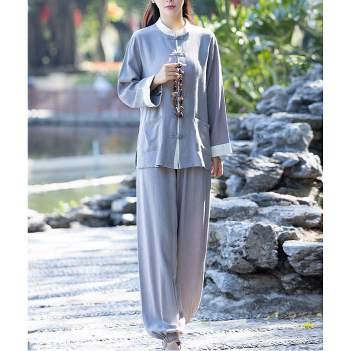 Buddha Stones 2Pcs Frog-Button Long Sleeve Shirt Top Pants Meditation Zen Tai Chi Cotton Linen Clothing Women's Set