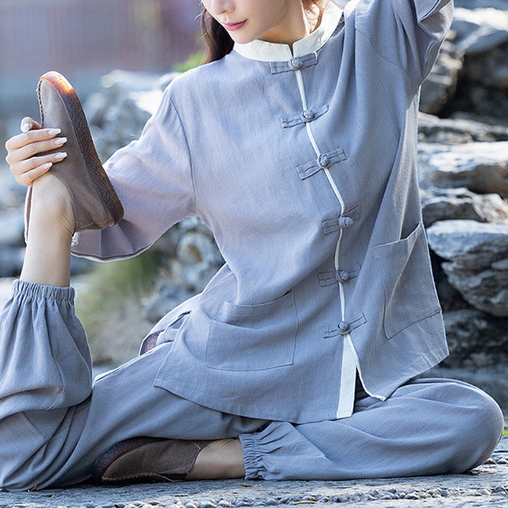 Buddha Stones 2Pcs Frog-Button Long Sleeve Shirt Top Pants Meditation Zen Tai Chi Cotton Linen Clothing Women's Set - image 6