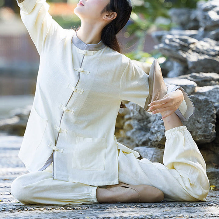 Buddha Stones 2Pcs Frog-Button Long Sleeve Shirt Top Pants Meditation Zen Tai Chi Cotton Linen Clothing Women's Set - image 2