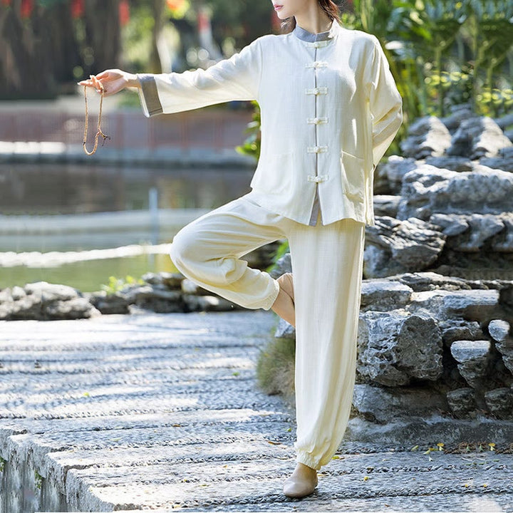 Buddha Stones 2Pcs Frog-Button Long Sleeve Shirt Top Pants Meditation Zen Tai Chi Cotton Linen Clothing Women's Set