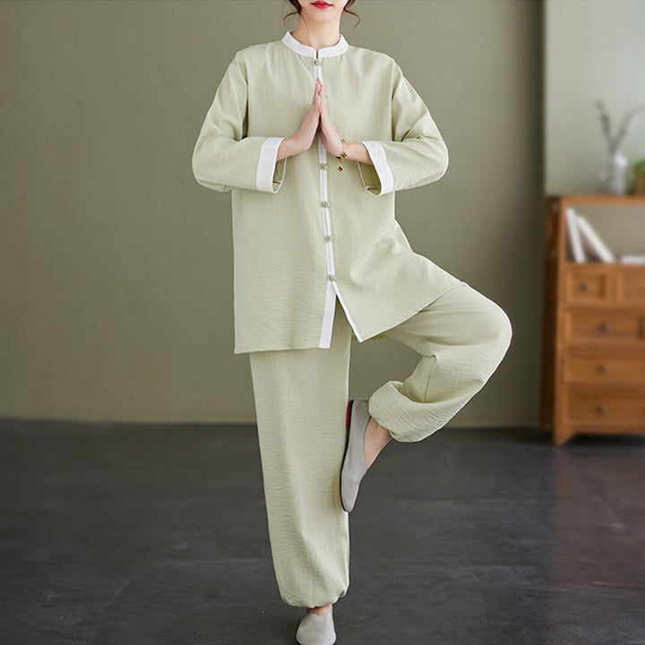 Buddha Stones 2Pcs Vintage Long Sleeve Shirt Top Pants Meditation Zen Tai Chi Cotton Linen Clothing Women's Set