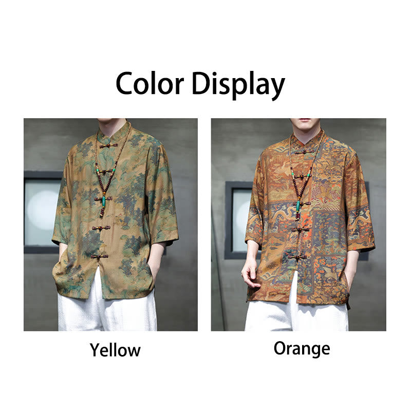 Buddha Stones Landscape Chinese Dragon Pattern Chinese Three Quarter Sleeve Shirt Men T-shirt