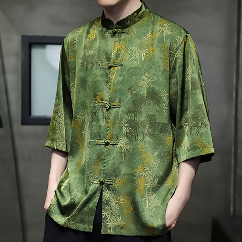 Buddha Stones Bamboo Leaves Pattern Chinese Half Sleeve Shirt Men T-shirt