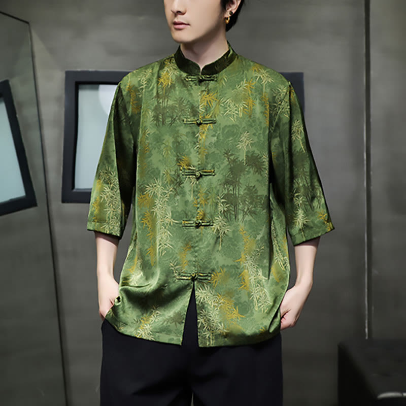 Buddha Stones Bamboo Leaves Pattern Chinese Half Sleeve Shirt Men T-shirt