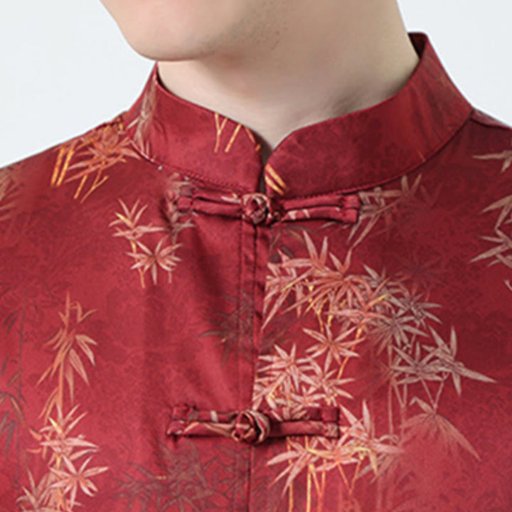 Buddha Stones Bamboo Leaves Pattern Chinese Half Sleeve Shirt Men T-shirt