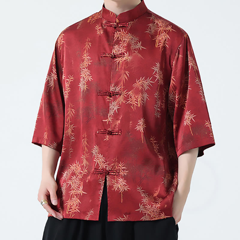 Buddha Stones Bamboo Leaves Pattern Chinese Half Sleeve Shirt Men T-shirt