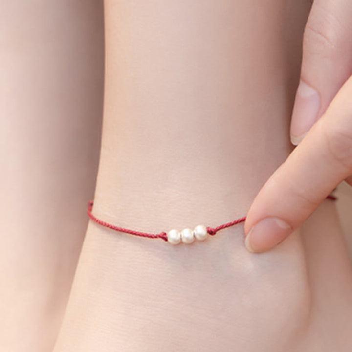 Buddha Stones 925 Sterling Silver Three Beads Protection String Bracelet Anklet - image 13