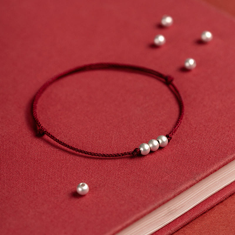 Buddha Stones 925 Sterling Silver Three Beads Protection String Bracelet Anklet - image 6