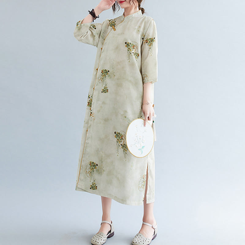 Buddha Stones Flowers Green Yellow Leaves Print Cheongsam Midi Dress Three Quarter Sleeve Dress With Pockets - image 2