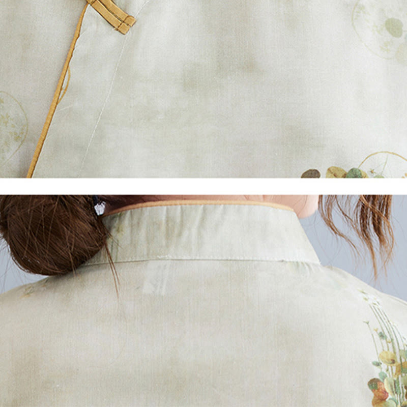 Buddha Stones Flowers Green Yellow Leaves Print Cheongsam Midi Dress Three Quarter Sleeve Dress With Pockets - image 8