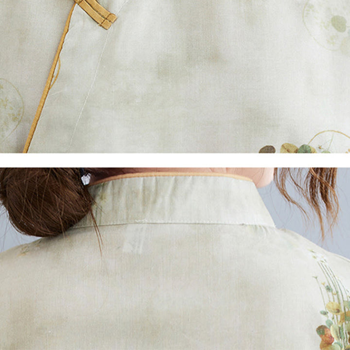 Buddha Stones Flowers Green Yellow Leaves Print Cheongsam Midi Dress Three Quarter Sleeve Dress With Pockets - image 8