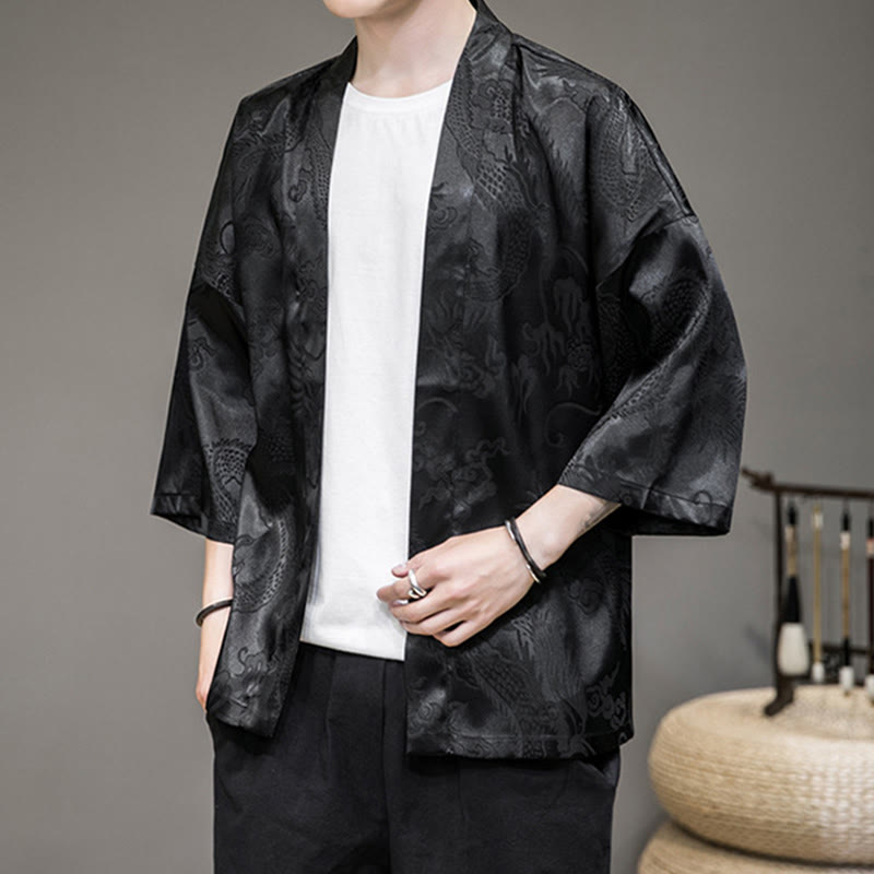 Buddha Stones Chinese Dragon Open Front Jacket Men's Kimono