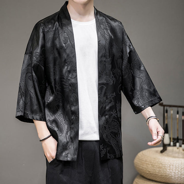 Buddha Stones Chinese Dragon Open Front Jacket Men's Kimono