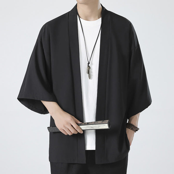 Buddha Stones Solid Color Open Front Jacket Men's Kimono - Black(Jacket Only) - US/UK/AU46，EU56 (5XL) - image 0