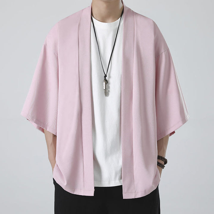 Buddha Stones Solid Color Open Front Jacket Men's Kimono