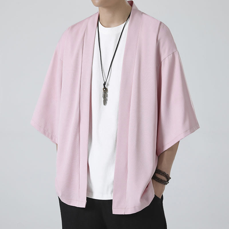 Buddha Stones Solid Color Open Front Jacket Men's Kimono