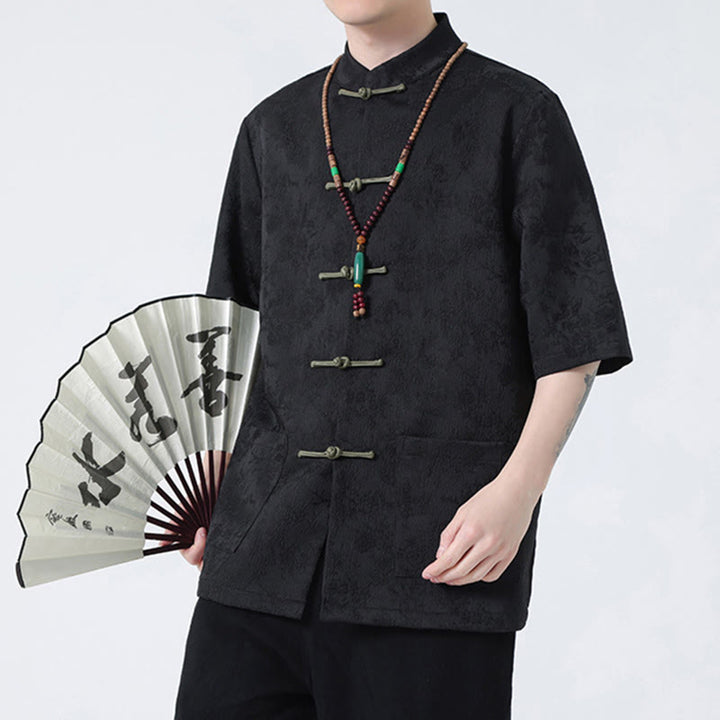 Buddha Stones Solid Color Jacquard Frog-button Chinese Half Sleeve Shirt Men T-shirt