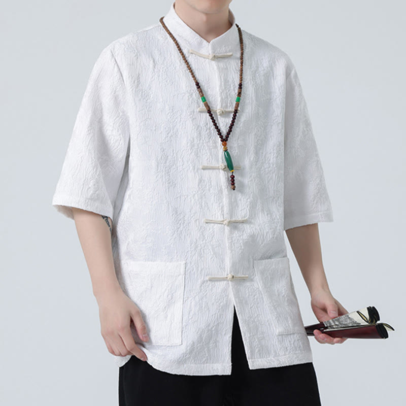 Buddha Stones Solid Color Jacquard Frog-button Chinese Half Sleeve Shirt Men T-shirt