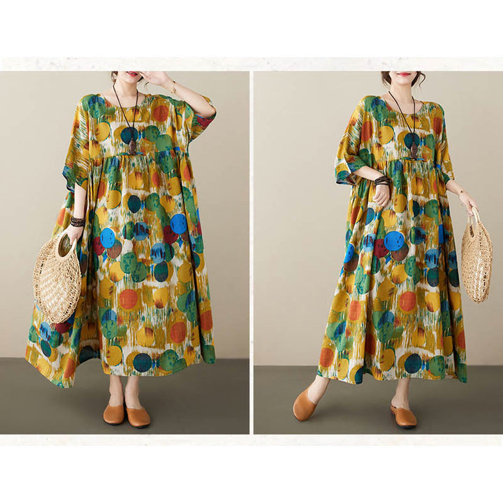 Buddha Stones Orange Green Colorful Polka Dots Midi Dress Cotton Half Sleeve Tunic Dress With Pockets - image 16