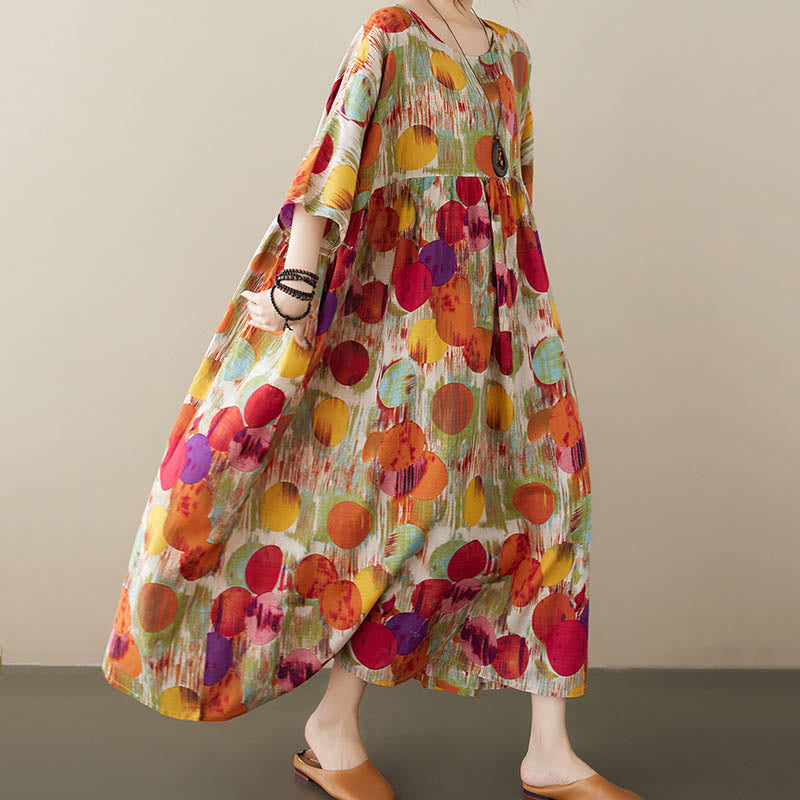 Buddha Stones Orange Green Colorful Polka Dots Midi Dress Cotton Half Sleeve Tunic Dress With Pockets - image 4