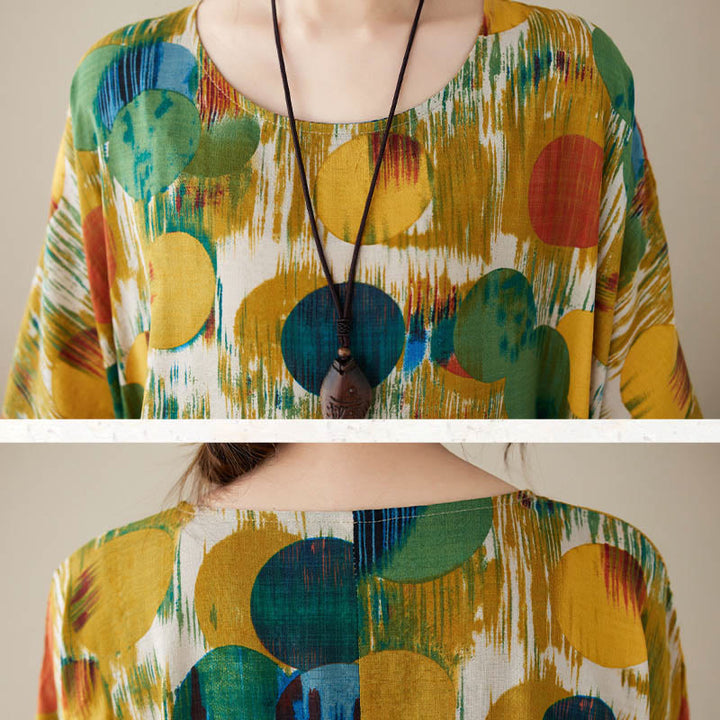 Buddha Stones Orange Green Colorful Polka Dots Midi Dress Cotton Half Sleeve Tunic Dress With Pockets - image 19