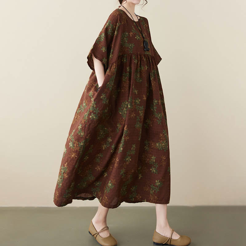 Buddha Stones Blue Brown Flowers Midi Dress Cotton Half Sleeve Tunic Dress With Pockets - image 12